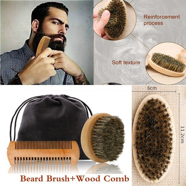 Beard Brush Men Boar Hair Bristle Beard Military Hard Round Wood Handle Mustache Brush Beard