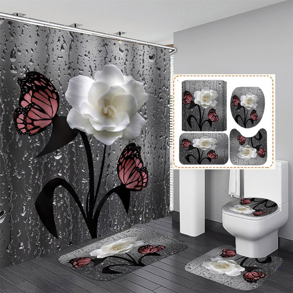 Rose Butterfly Shower Curtain Bath-Mat Toilet Cover Rug Bathroom Decor Set 