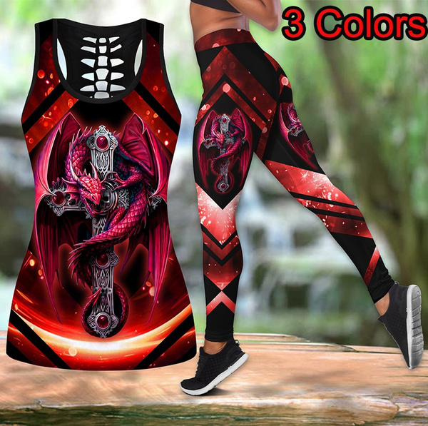 3 Colors Hip Tight Women's Slim Mandala Red Dragon Tattoo Art Combo Tank  Top + Legging Fitness Leggings Stretch High Waist Pants
