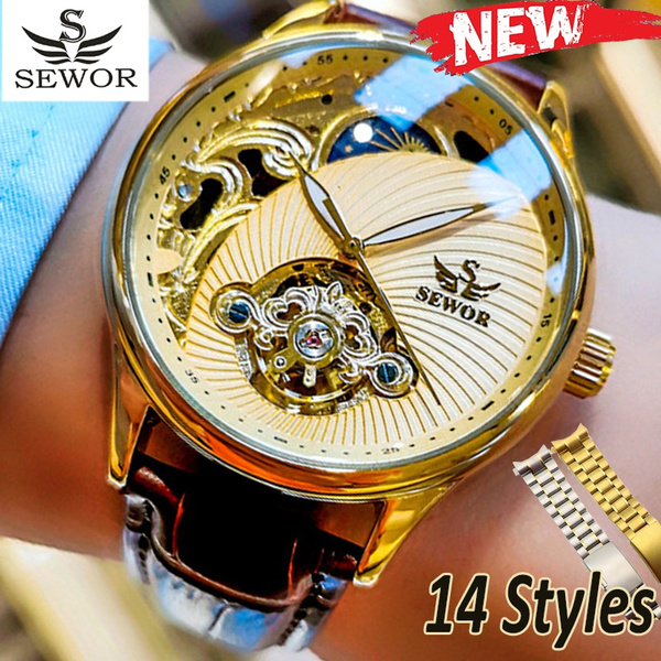 Fashion Automatic Mechanical Watch Luxury Brand Sewor Watches Skeleton  Military Clock Leather Men Casual Erkek Kol Saatleri - Mechanical  Wristwatches - AliExpress