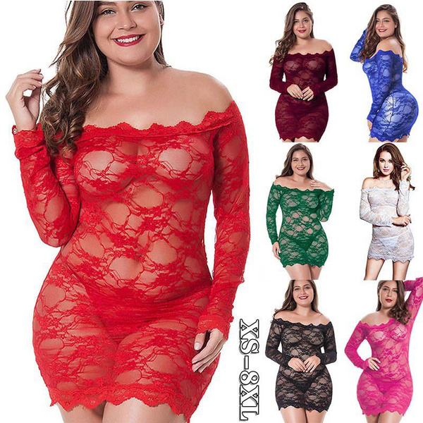 Womens Plus Size Sexy Lingerie Chemise Floral Lace Babydoll See Through  Bodysuit Lingerie Nightgowns Off The Shoulder Nightdress