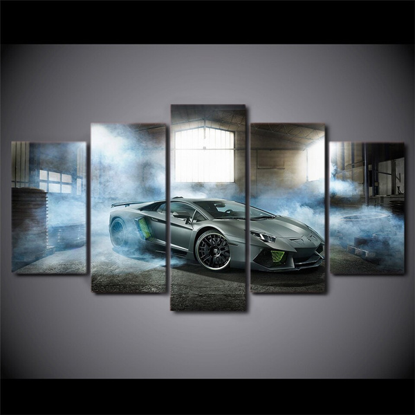 5 Pieces Canvas Printed Home Decor Smoke Gray Luxury Sports Car Painting Frame 