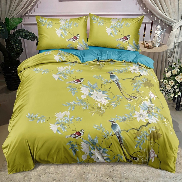 Yellow Silk Bedding Set Chinese Style Bird Flower Duvet Cover