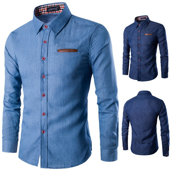 Men's Long Sleeve Denim Shirt Jacket Autumn Winter Retro Tops Slim Fit Work Business  Casual Button Down Dress Shirts Dark Blue : Amazon.co.uk: Fashion