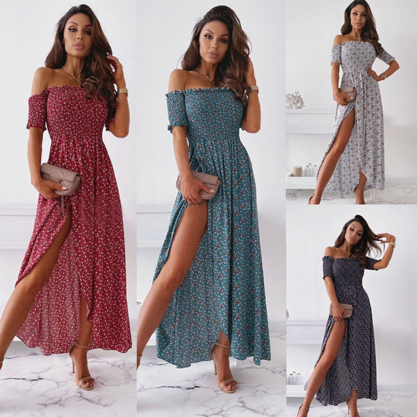 Short Sleeved Off Shoulder Floral Dress Fashion Women Split Long Dresses  Plus Size Vestidos Casual Boho Dress Sundress