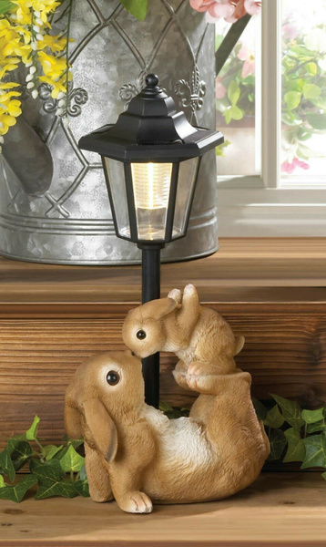 RABBIT bunny baby outdoor statue lantern white LED path SOLAR powered light lamp 