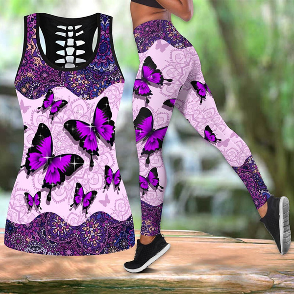 Women Fashion butterfly flower 3D print two pieces set Sleeveless Shirt and legging  Summer combo tank top & legging outfit Plus Size S-5XL
