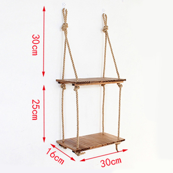 2 Tiers Rustic Wooden Hanging Rope Shelf Wall Mounted Floating Shelves  Storage Decor