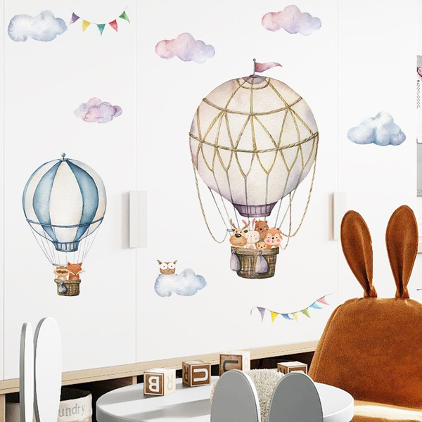 Large Color Cloud Cartoon Animal Hot Air Balloon Wall Sticker Children ...
