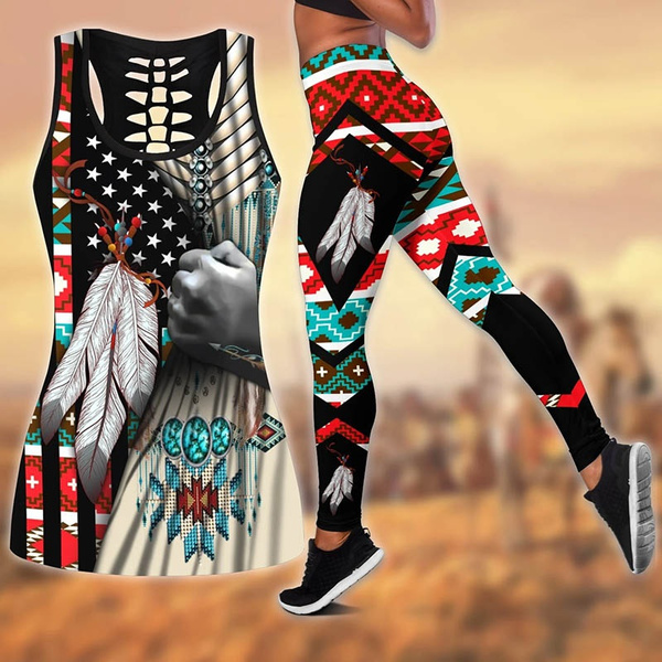Native American Girl Hollow Tank Top And Legging 3D Hip Tight Women's Slim  Art Fitness Leggings Stretch High Waist Pants