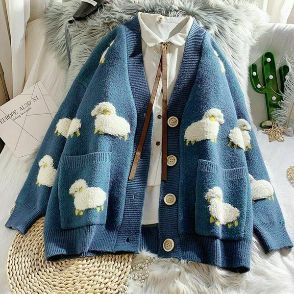 Female Autumn Knit Loose Cardigan Sheep Sweater Women Cute Cartoon V Neck  Coat