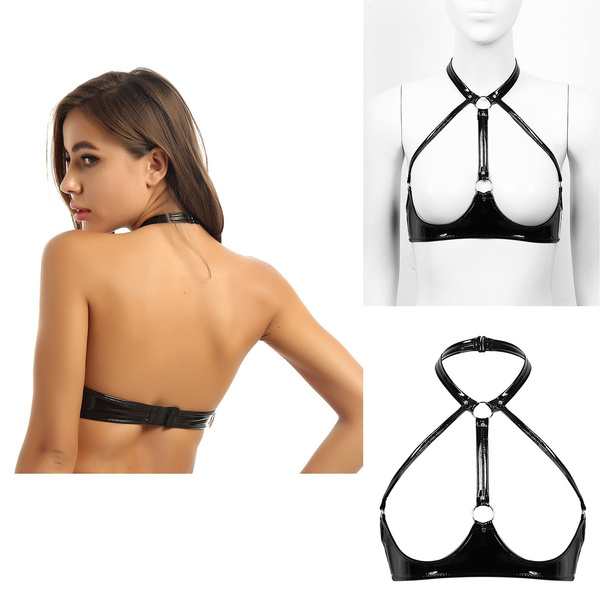 Womens Sexy Wet-look Patent Leather Open Bra Crop Top Lingerie Party  Clubwear