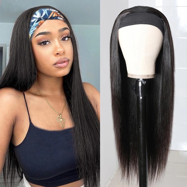 Headband Wigs for Black Women Human Hair Straight Wigs Machine Made Headband Half Wig Brizilian Virgin Human Hair Natural Color 24 inch Natural