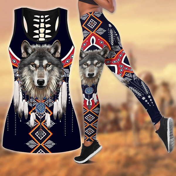 Wolf Native American 3D All Over Printed Legging + Hollow Tank Combo Hollow  vest/leggings 3d all ove prined yoga suit ladies fashion women gym sexy  girl sportswear