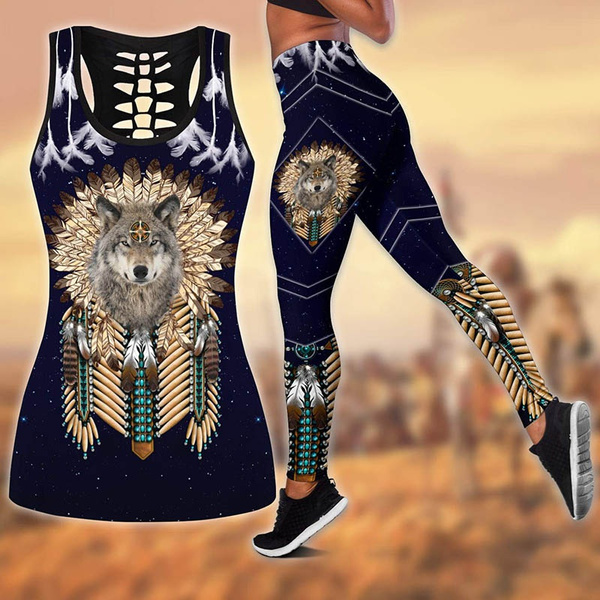 Native American Wolf Legging Yoga Pants And Hollow Tank Womens Sport Vest  Suits Leisure Suits