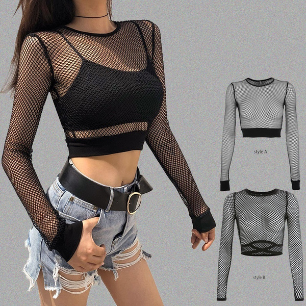 Long Sleeve Mesh T-shirt Sheer Tops 