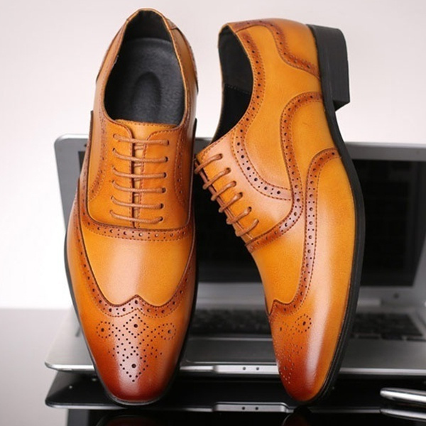 Men Fashion Business Oxfords Shoes Pointed Toe Leather Dress Brogue ...