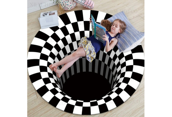 3D Bottomless Hole Optical Illusion Area Rug Carpet for Living Room Swirl  Print Round Grid 3D Illusion Vortex Carpet Non-Slip Mat(Diameter  60/80/100/120cm)