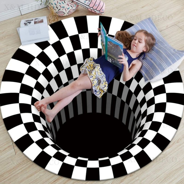 3D Bottomless Hole Optical Illusion Area Rug Carpet for Living Room Swirl  Print Round Grid 3D Illusion Vortex Carpet Non-Slip Mat(Diameter  60/80/100/120cm)