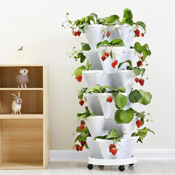 Beige Vertical Stackable Strawberry Herb Garden Planter Flower Veg Pots DIY 