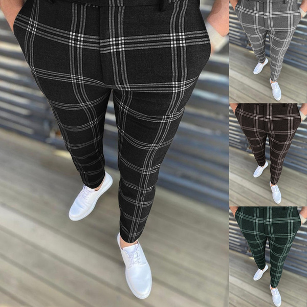 Men's Fashion Printing Square Block Social Pants Casual Slim Fit Business  Elastic Long Trousers Male Cotton Party Button Streetwear | Wish