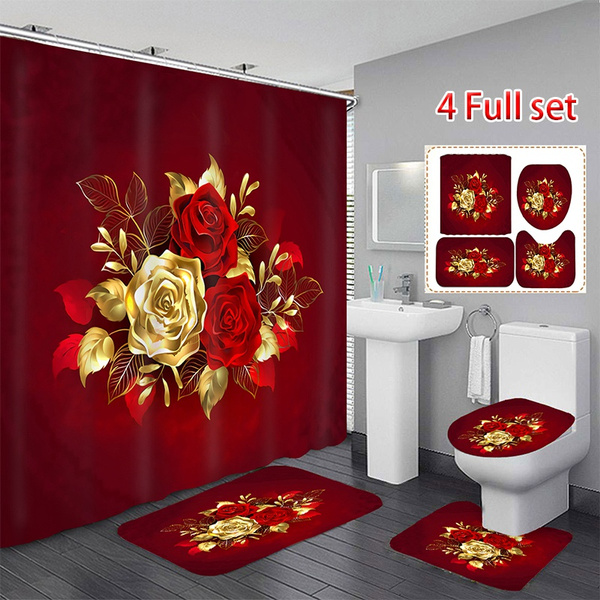 Black Red Rose Shower Curtain Set Bathroom Rug NonSlip Bath Mat Toilet Lid Cover 
