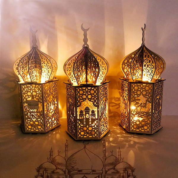 Muslim Festival Light Ramadan Eid Mubarak Decorations Wooden LED Lamp  Palace Lighthouse Islam Party Supplies