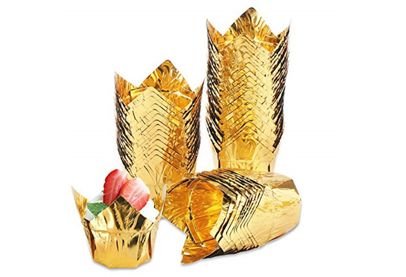 Gold Tulip Cupcake Liners, Foil Muffin Baking Cups (3.35 x 3.5 In