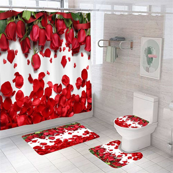 Red Rose and Round Dew Shower Curtain Toilet Cover Rug Mat Contour Rug Set 