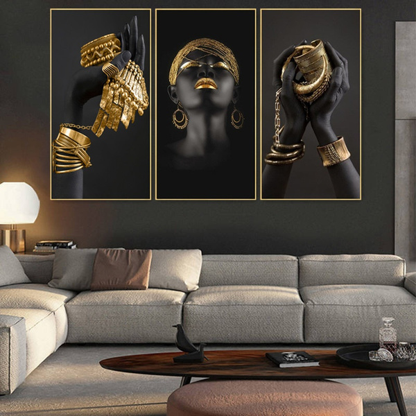 Modern black and gold sexy African woman wall art canvas painting, oil ...