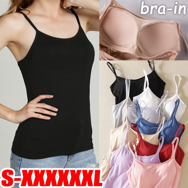 New Padded Bra Tank Top Women Casual Modal Spaghetti Solid Cami Sling Strap  Sleeveless Tops Basic Vest Woman Girls Female Strappy Camisole Undershirt  with Built In Bra Black White Udnerwear Plus Size