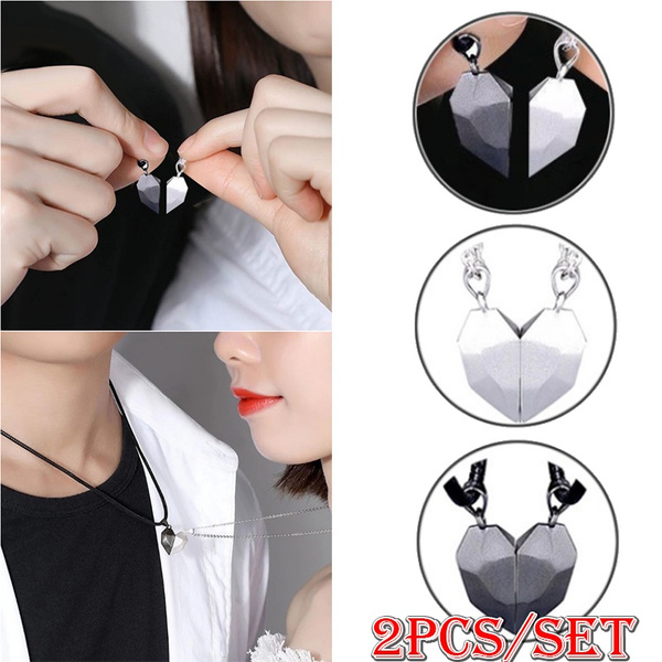 2pcs/set Magnetic Couple Necklace Lovers Wishing Stone Heart Pendant  Distance Faceted Charm Necklace Women Valentine's Day Gifts
