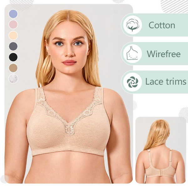 Women's Cotton Full Coverage Wirefree Non-padded Lace Plus Size Bra 52A