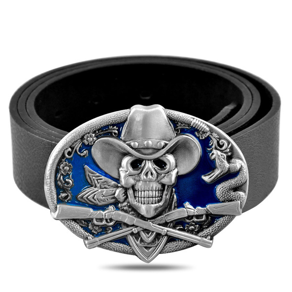 COOL Men's Casual Belt Vintage Western Rodeo Skull Cowboy Blue