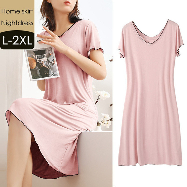 Ladies Spring and Summer Thin Loose V neck Slim Fat Girl Dress Nightdress