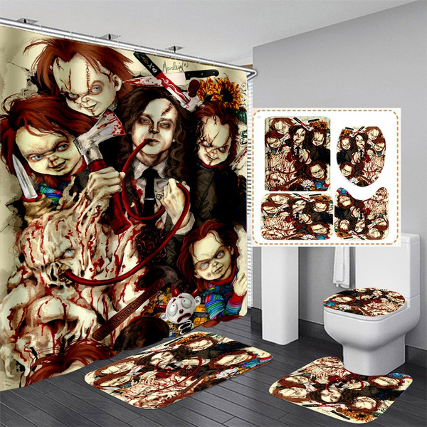 Horror Chucky Shower Curtain Set Non-Slip Toilet Lid Cover Bathroom Bath Mat Rug 