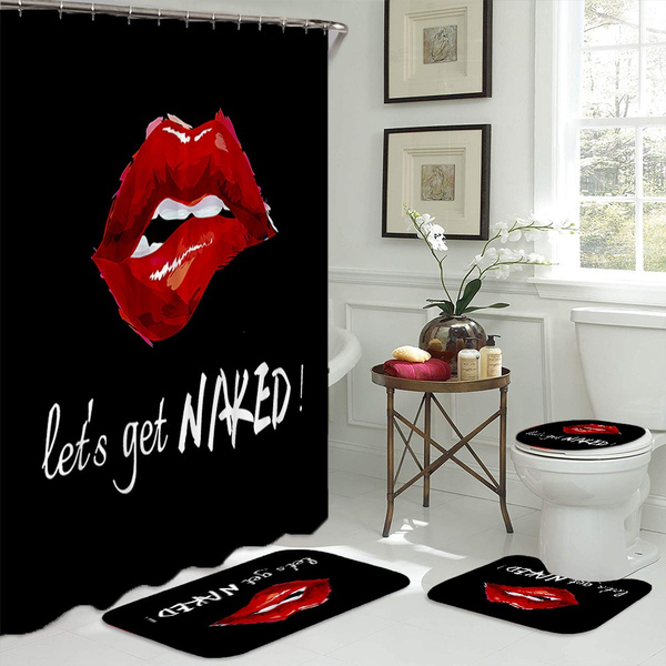 Black Let's Get Naked Shower Curtain Sets with Non-Slip Rug