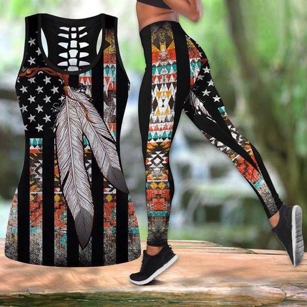 Native American Eagle Feather Print Combo Tank Tops and Legging Yoga Pants  and Hollow Tank Womens Sport Vest Suit XS-8XL