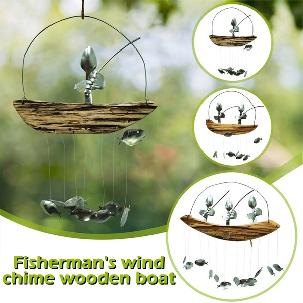 Fishing Man Spoon Fish Sculptures Wind Chime Spoon Fish Wind Chimes  Creative Coastal Style Design Wind Chime Indoor Outdoor Hanging Room  Ornament
