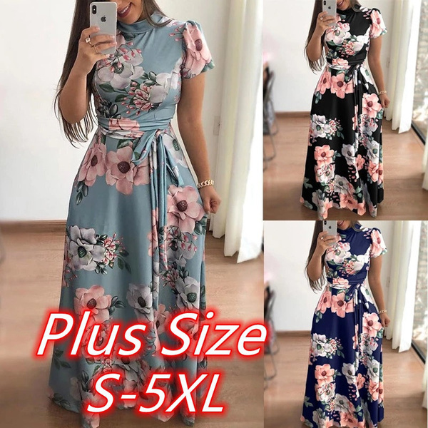 S-5XL Women Floral Print Short Sleeve Evening Party Summer Long Maxi Dress Plus 