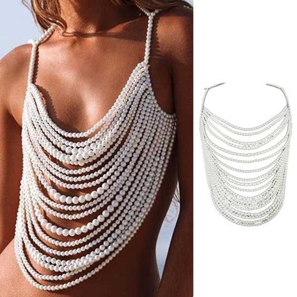 Multilayer Faux Pearl Beaded Body Chain Bralette Women Collar