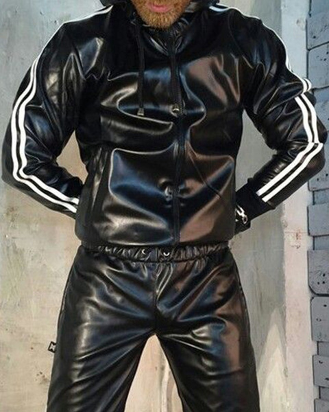 Men's PU Leather Gloss Wetlook Jacke Jacket Hoodie Jogging Suit ...