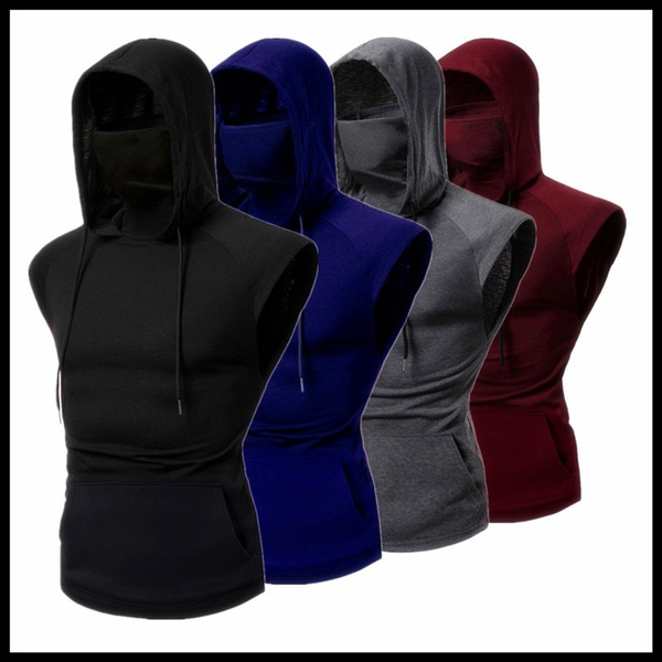 Men's Summer Fashion Personalized T-shirt Men's Solid Color Sleeveless Fitness Ninja Hoodie Vest ...