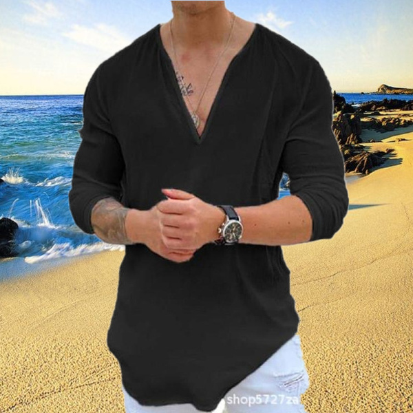 Men's Long Sleeve T Shirt Solid Color V Neck T Shirt Sports Casual