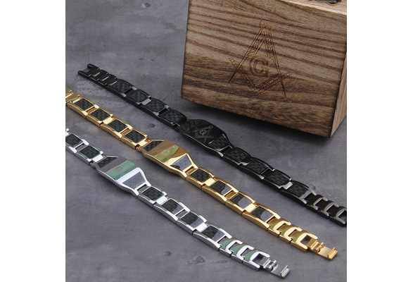 Stainless Steel Masonic Bracelet For Men – Silver Magnet Carbon Fiber Design, Unisex Identification Bracelet