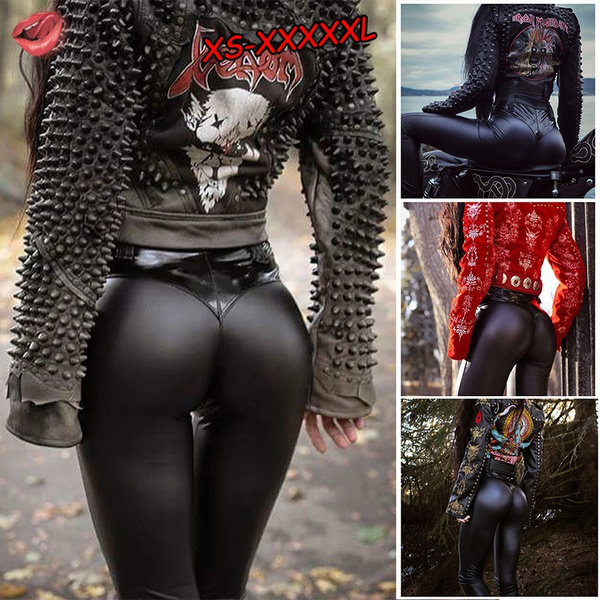 Gothic Punk Women Leggings Sexy Fashion Black Leather Slim Workout