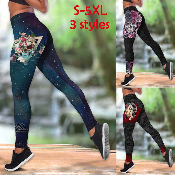 New Women Sexy High Waist Fitness Pants Skull Flowers Print Leggings Slim  Fit Sweatpants Ladies Yoga Pants Gym Sport Running Trousers