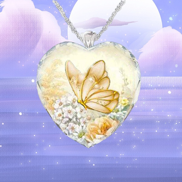 Stunning Crystal Heart Flowers & Butterflies Pendant Necklace Ladies Girls Gift 