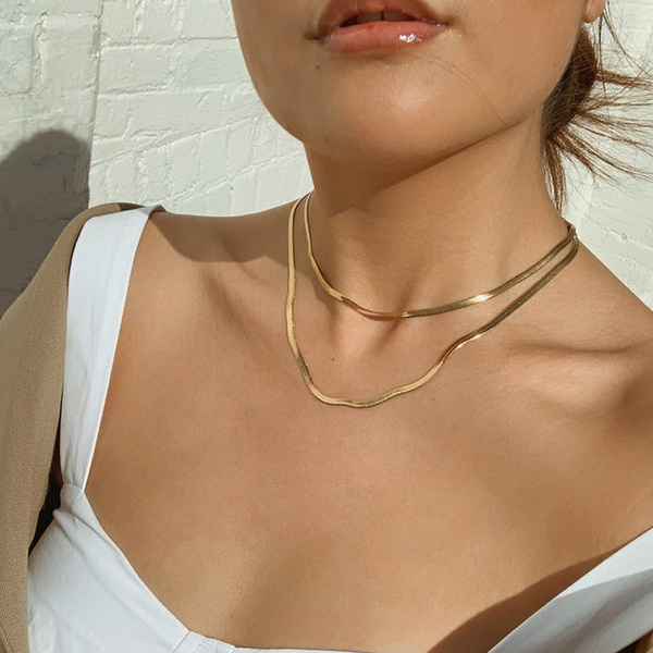 Charm Women Snake Chain Choker Necklace Stainless Steel Gold Silve Color  Flat Herringbone Chokers Link for Girls 3mm