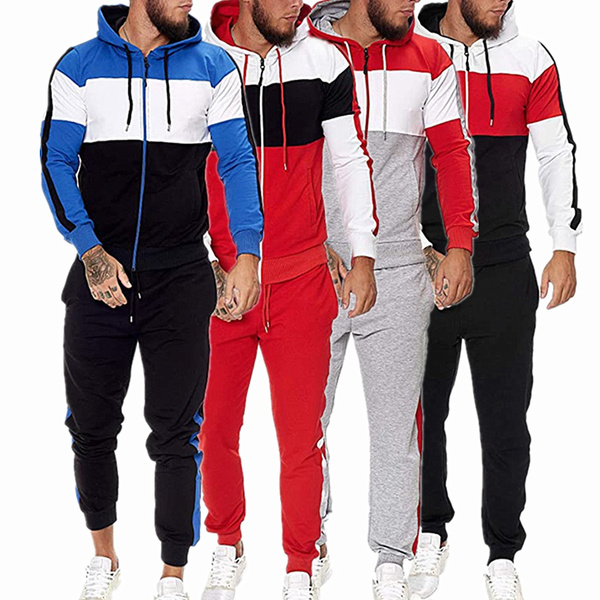 Top Pant New Fashion Mens Casual Color matching Hoodies Set Mens Leisure Training Sportwear Set. 4 Colors